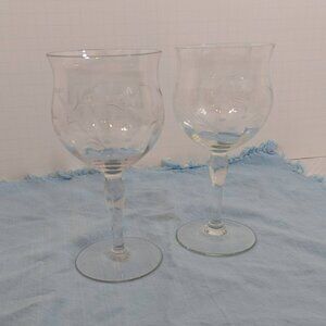 Pair of Etched Crystal Wine Glasses 6.5 in.